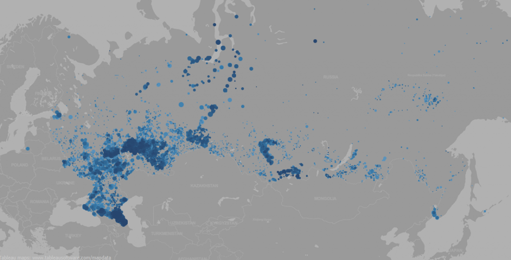 Kilde: www.ilya.boyandin.me. Rusland II og IV: Valgkredse hvor mere end 80 pct. stemte på Putin i 2012. De fleste store mørkeblå områder er etniske republikker, de lyseblå og mørkeblå prikker er primært industribyer og -områder. 